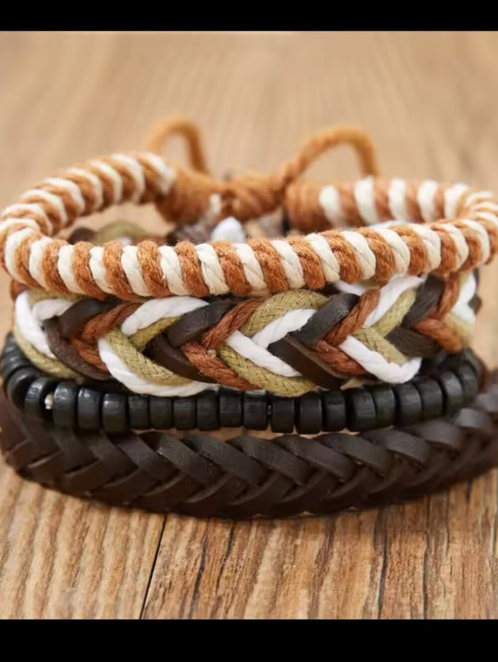 Men's Leather Bracelets Set 4pc Braided Beaded Brown New Jewelry G31